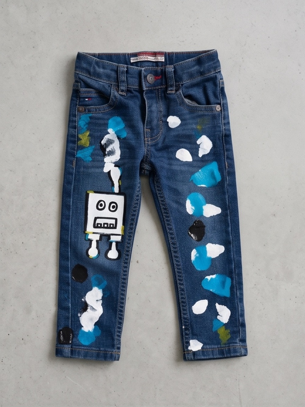 Kids Paint-Splash Denim Jeans with Robot Patch - Blue